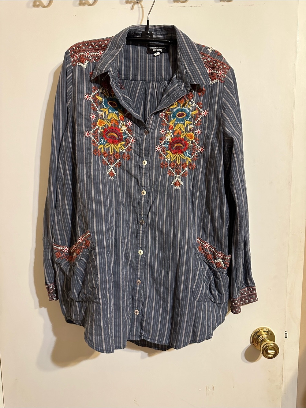 Johnny Was Blue Striped Button-Down Shirt with Multicolor Floral Embroidery